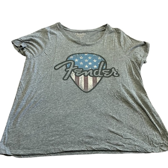 Fender Lucky Brand Women Gray Plus Size 3X Guitar Pick American Flag Graphic tee - Picture 1 of 6